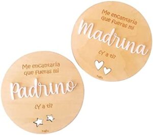 nagu® ES- Quieres ser mi madrina? Quieres ser mi padrino? | Dos Placas de Madera de 10 cm de Diámetro para Anunciar Embarazo | | Tarjeta Regalo Padrinos Bautizo | Detalles Bautizo El Padrino