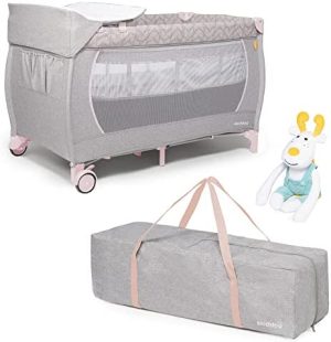 skiddoü Cuna de Viaje con Juguete y Cambiador Lunar+, Cuna de Viaje Plegable, Estructura Ligera, Cuna compacta, Altura Regulable, Cuna de Viaje para niños, Cuna de Viaje para bebé, Rosado